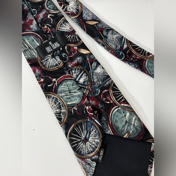 Vintage Bill Blass Bicycle Clock Necktie Mens Neck Tie Silk Bike Cycle Time - Picture 2 of 6